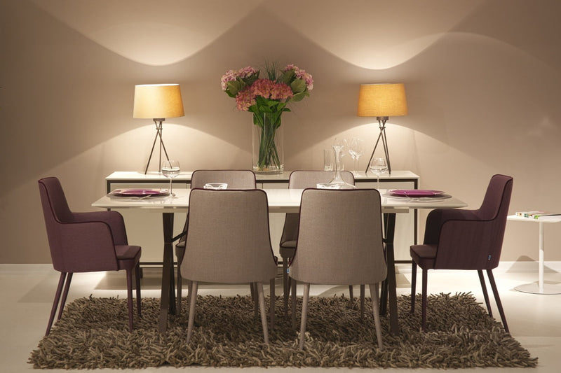 Dining room with a table, chairs, and decorative elements.