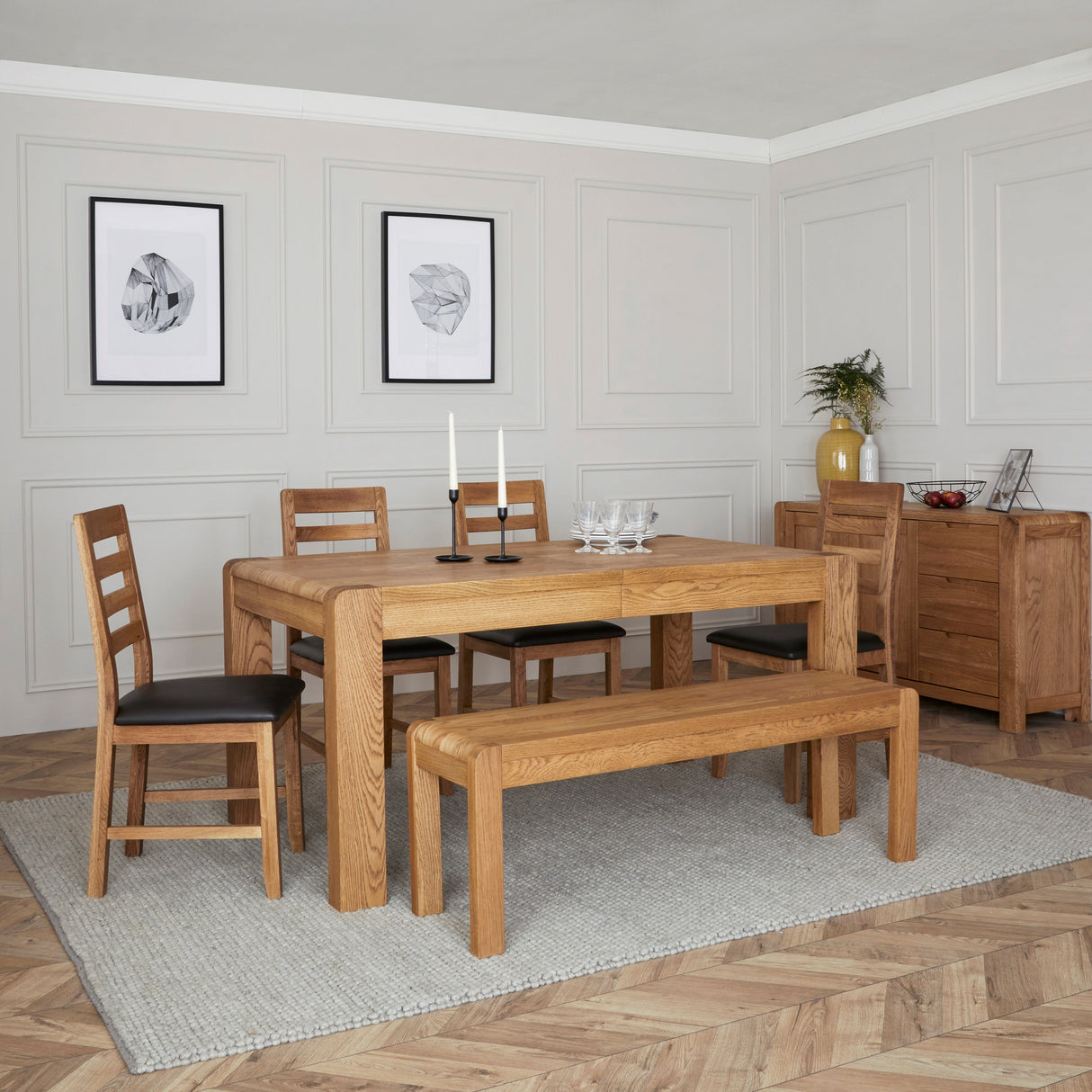 Corndell Dining Table Set Bergen Dining Bundle - 4 Brown Pu Chairs, 1 Dining Bench and Compact Extending Table