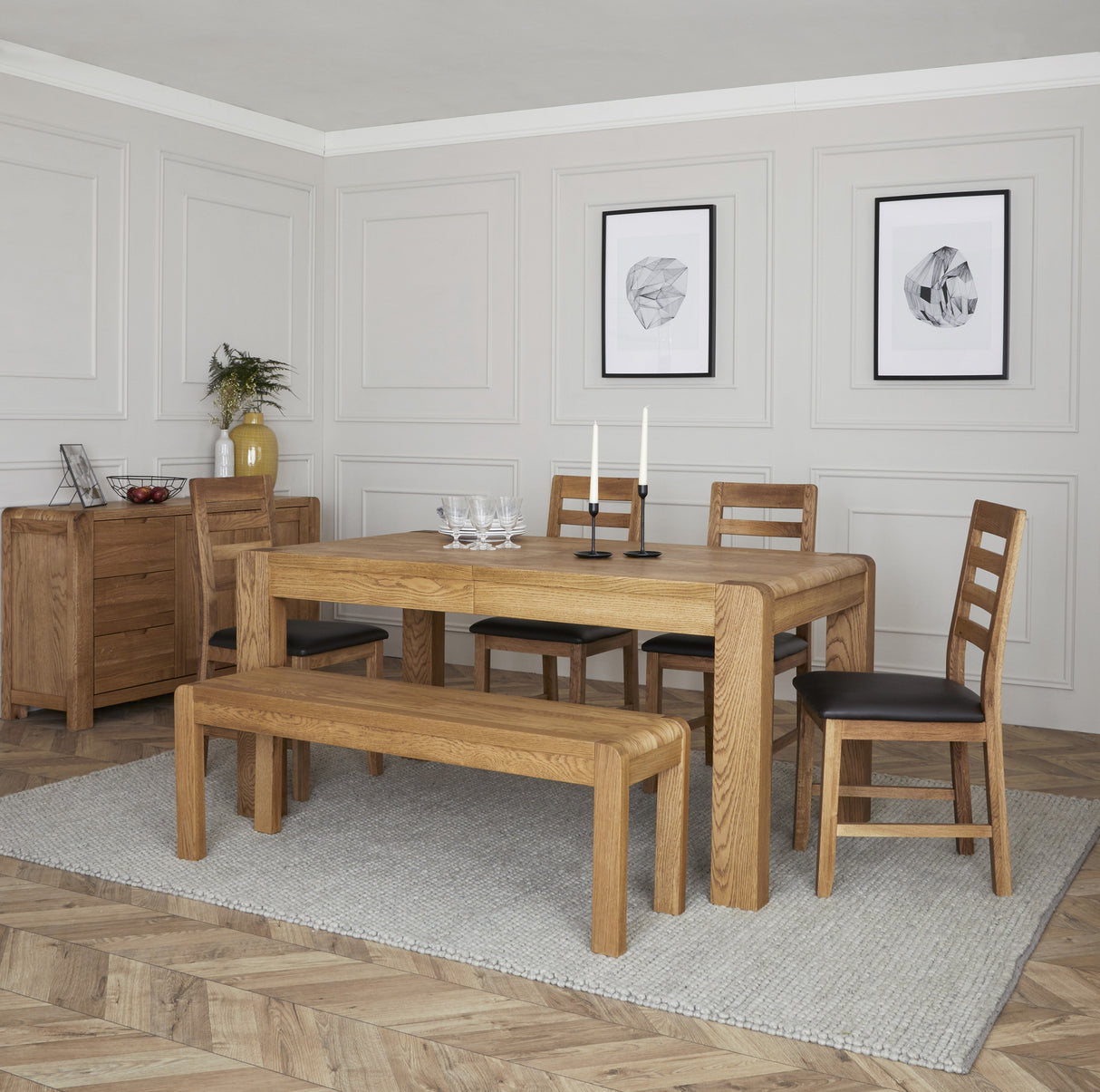 Corndell Dining Table Set Bergen Dining Bundle - Compact Ext. Table, 4 Victoria Steel Chairs and 1 Small Bench