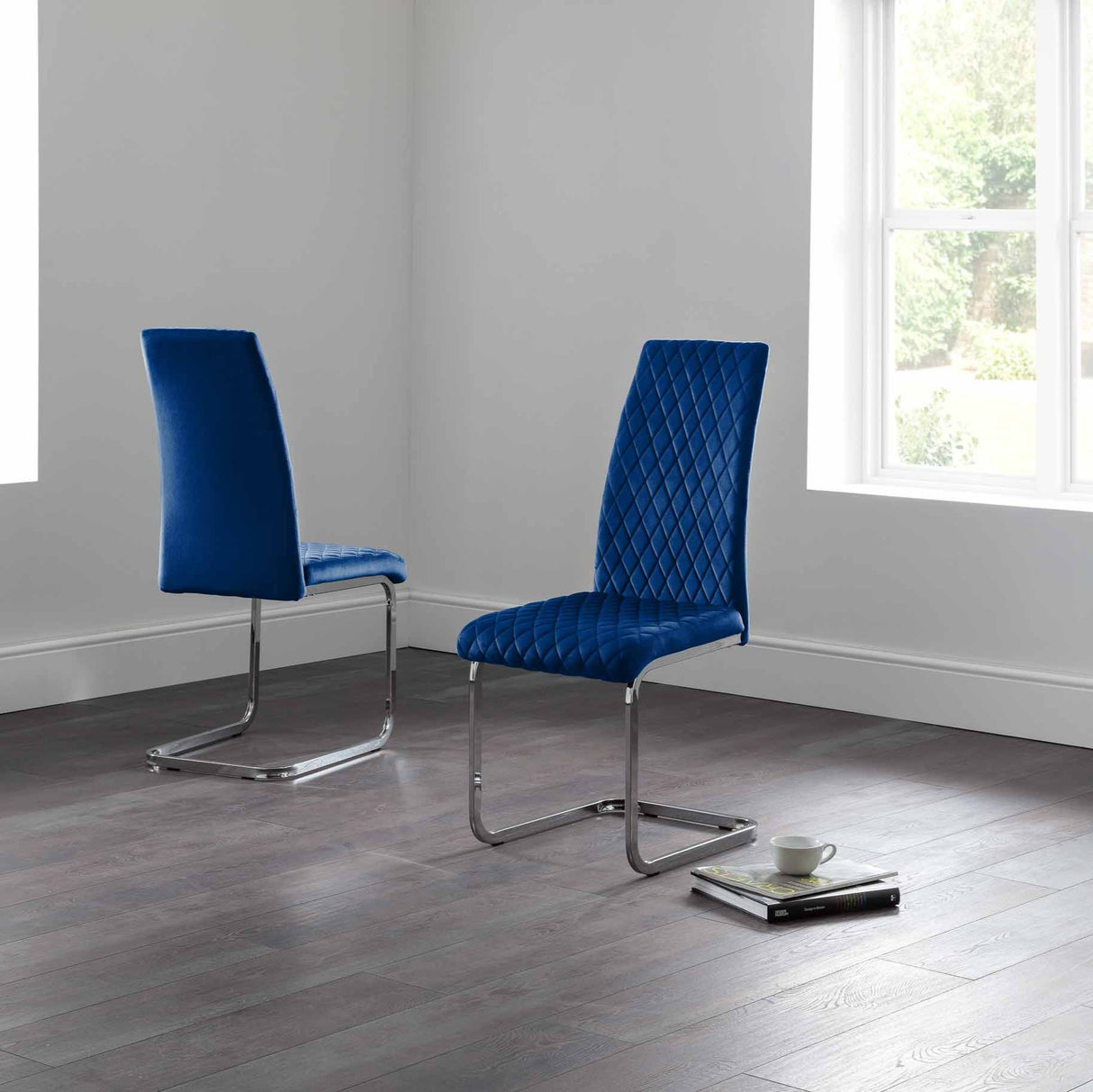 Julian Bowen Dining Chairs Calabria Velvet Cantilever Chairs - Blue - Sold in fours