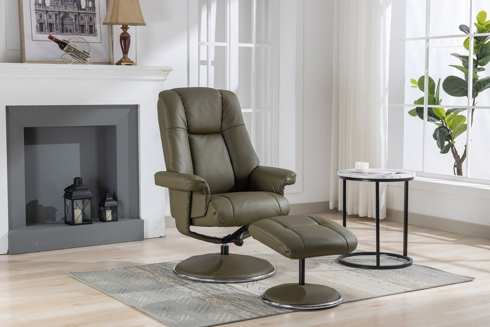 GFA Reclining Chair Olive Green Leather Match Denver Manual Recliner Swivel Chair and Foot Stool