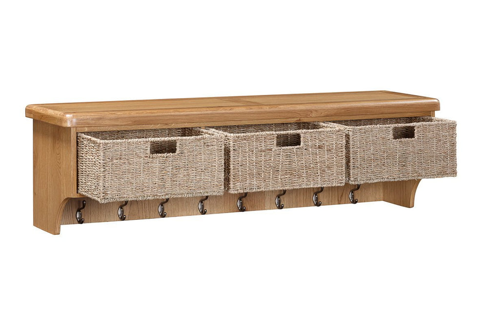 Your Home Style Hall Shelf Kingston Oak Wall Shelf with Hooks & Baskets