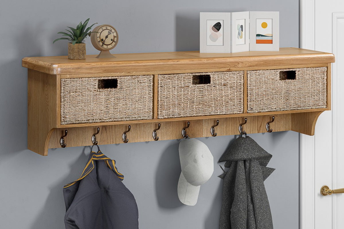 Your Home Style Hall Shelf Kingston Oak Wall Shelf with Hooks & Baskets