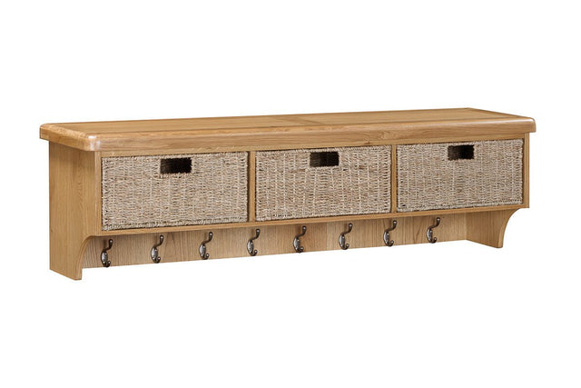 Your Home Style Hall Shelf Kingston Oak Wall Shelf with Hooks & Baskets