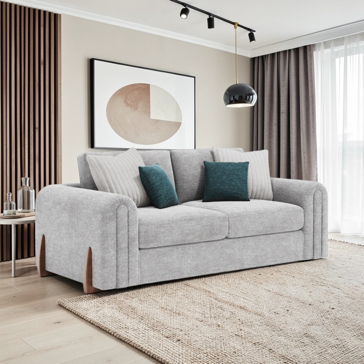 Lebus Charlie 2 seater sofa in silver fabric with walnut feet finish