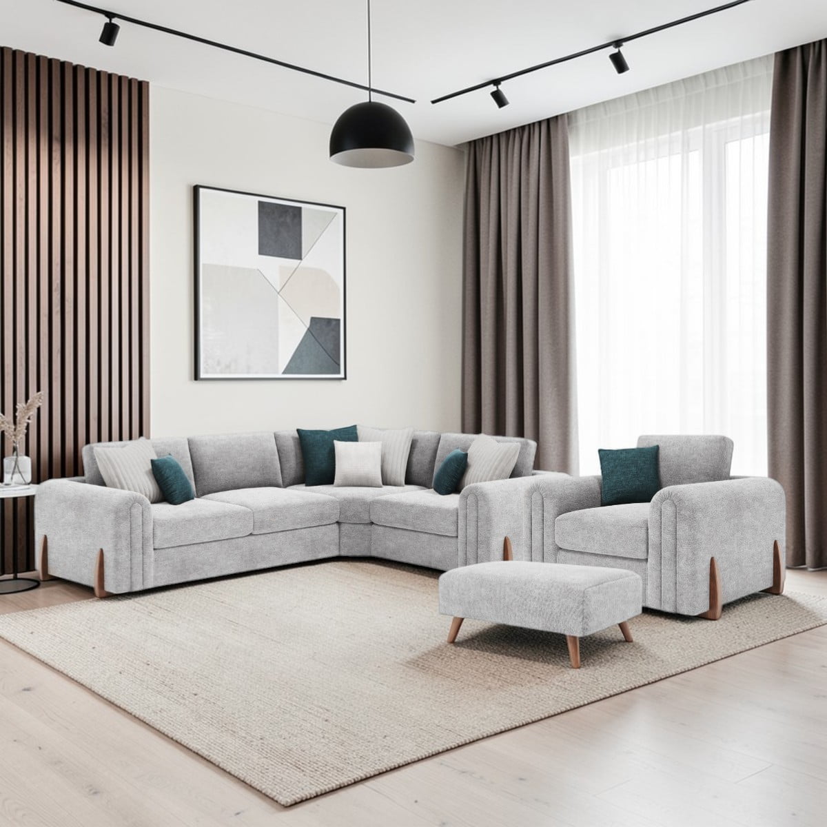 Lebus Charlie L-shaped corner sofa with chaise styled in a contemporary open plan UK living room