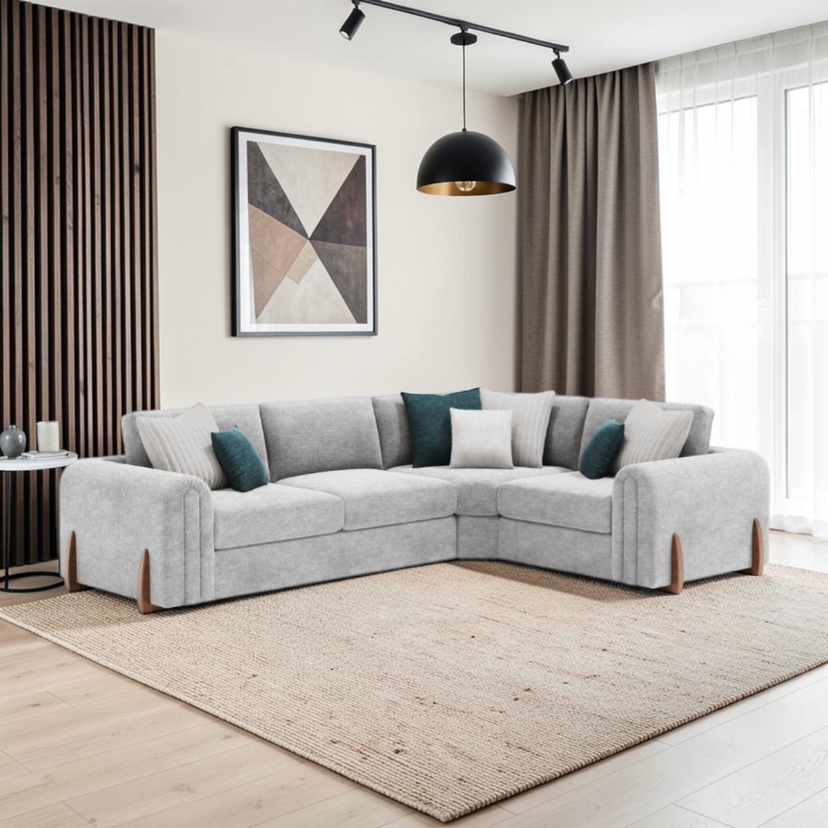 Lebus Charlie L-shaped corner sofa in silver fabric with walnut feet