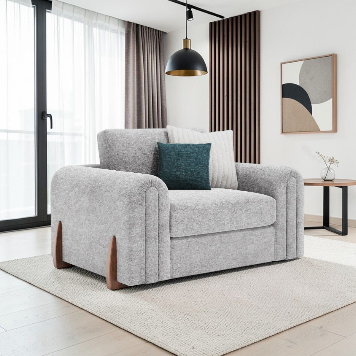 Lebus Charlie love chair in silver fabric with walnut feet