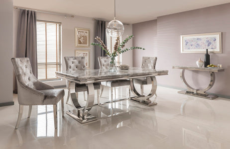 Arianna Grey 200cm Marble Dining Table with 4 Belvedere Chairs & Matching Console Table