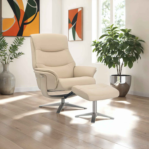 Hudson Leather Manual Recliner Swivel Chair and Foot Stool