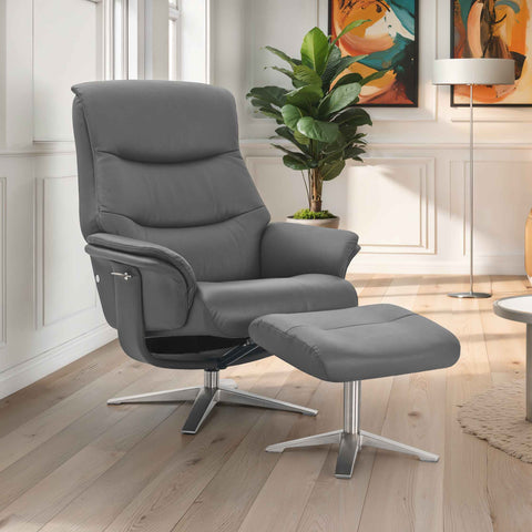 Hudson Leather Manual Recliner Swivel Chair and Foot Stool