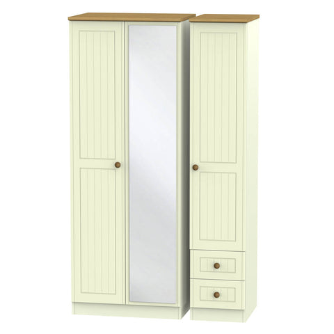 Warwick Tall Triple Mirror plus Drawer Wardrobe Cream and Oak WAR167