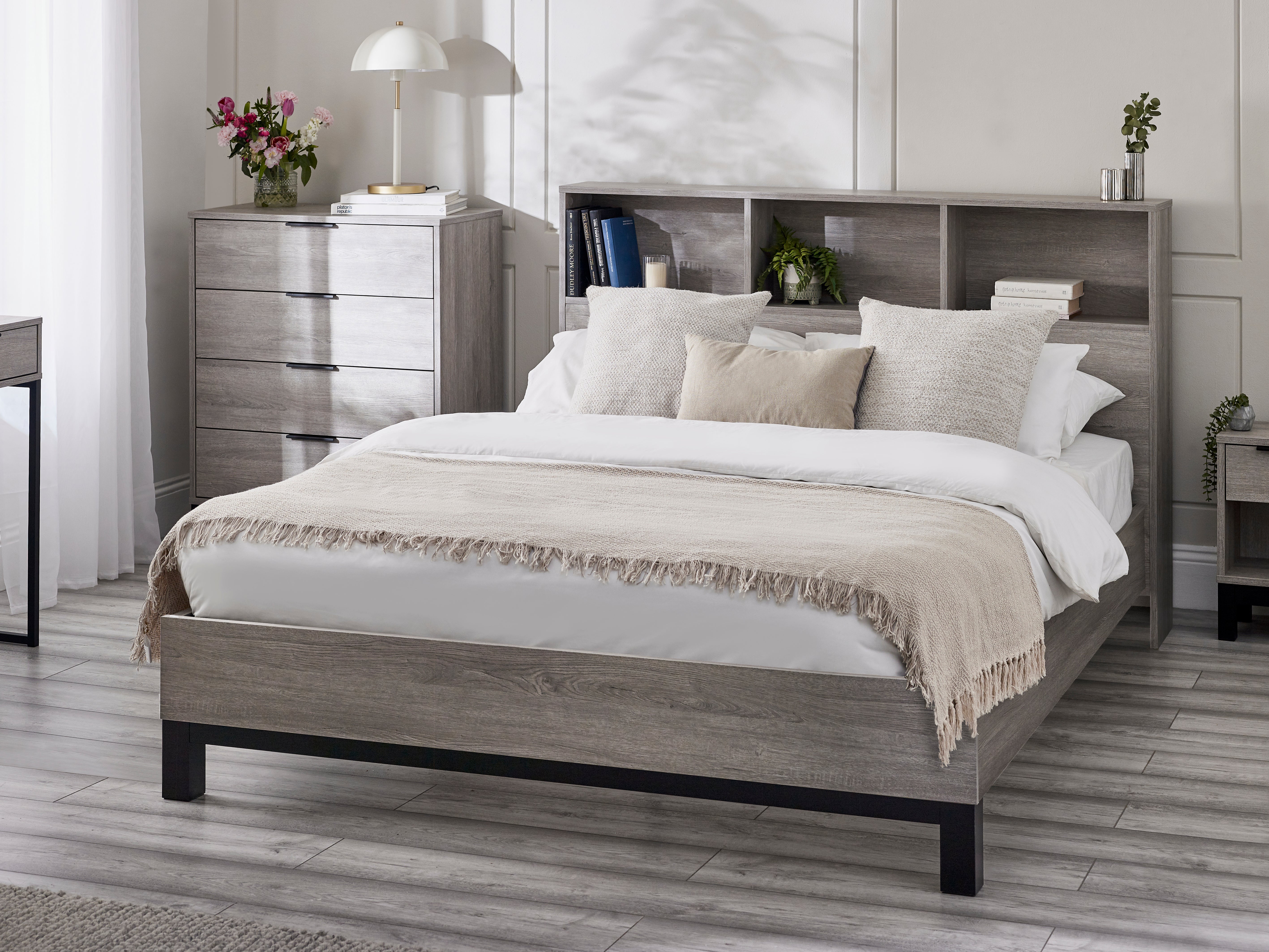 Julian Bowen Bed Bali Bookcase Headboard Bed 135cm - Grey Oak