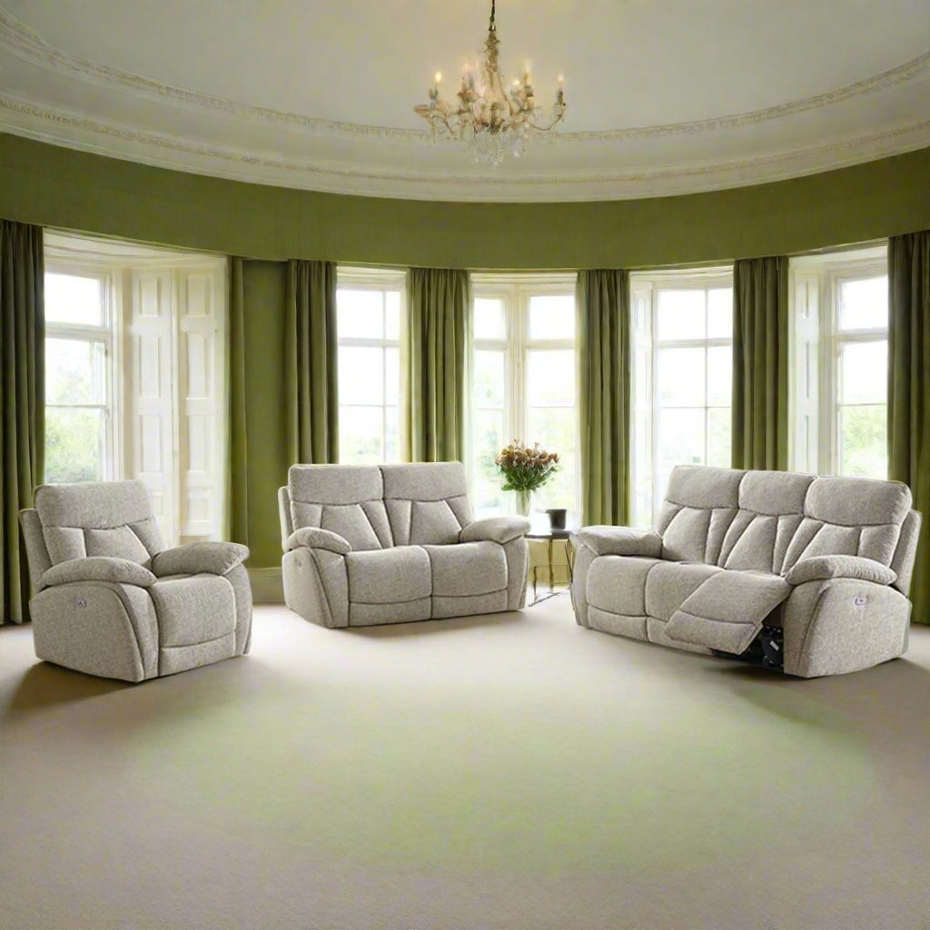 Beige reclining fabric sofa set in a living room.