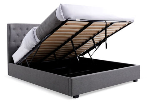 Kensington Grey Ottoman Bed & Buttoned Headboard