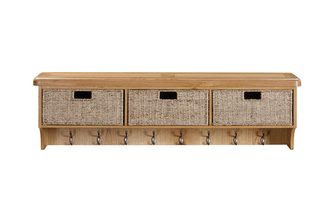 Kingston Oak Wall Shelf with Hooks & Baskets