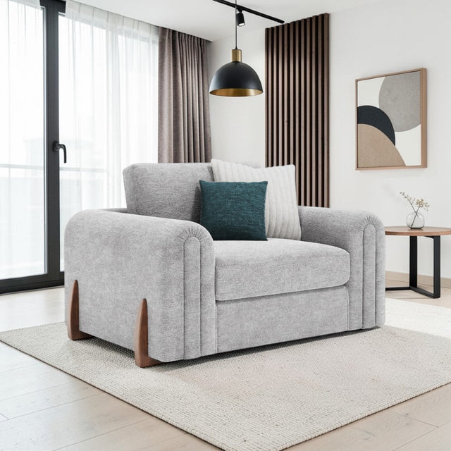Lebus Charlie love chair in silver fabric with walnut feet