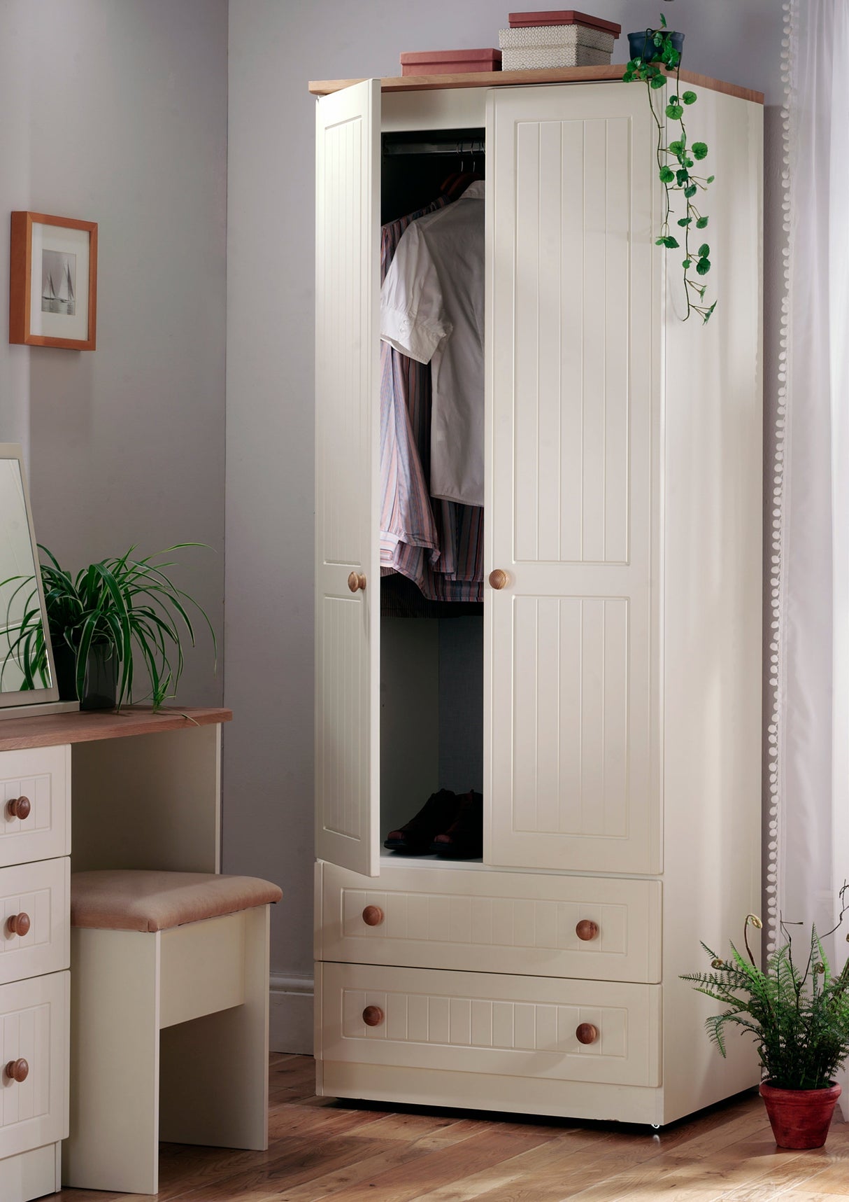 Welcome Furniture Wardrobe DefaultTitle Warwick 2ft 6in 2 Drawer Mirror Robe Cream and Oak WAR062