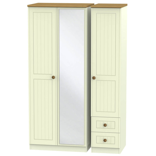 Welcome Furniture Wardrobe DefaultTitle Warwick Triple Mirror plus Drawer Wardrobe Cream and Oak WAR157