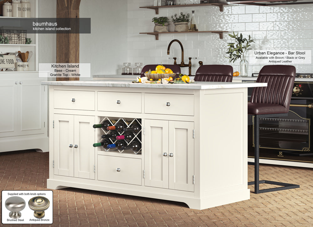 Baumhaus Cream Kitchen Island With White Marble Worktop